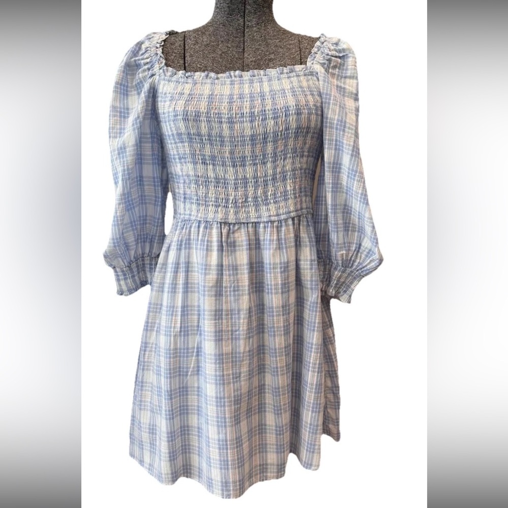 Storia blue/white gingham cute midi off shoulder ladies dress‎ size Large cotton